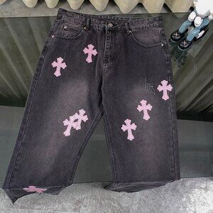 New Chrome Hearts black jeans with pink patches